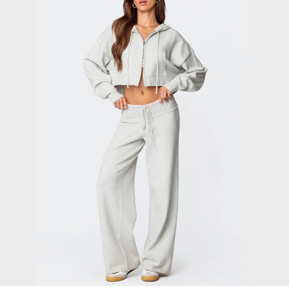 Edikted Russell Straight Leg Knit Pants and Knit Hooded Cardigan